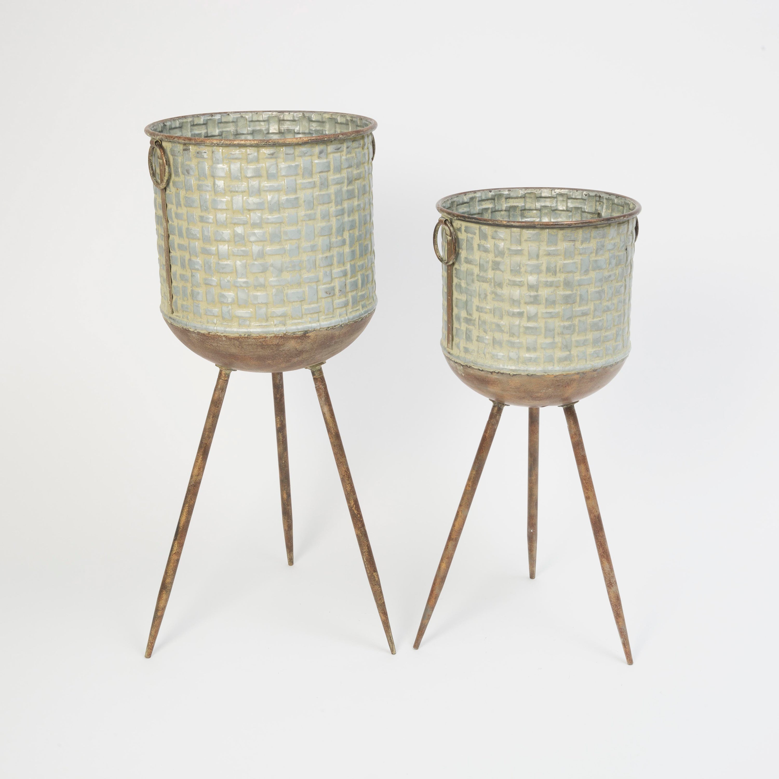 Set of 2 Round Galvanized Planters with Embossed Weave Pattern and Stand